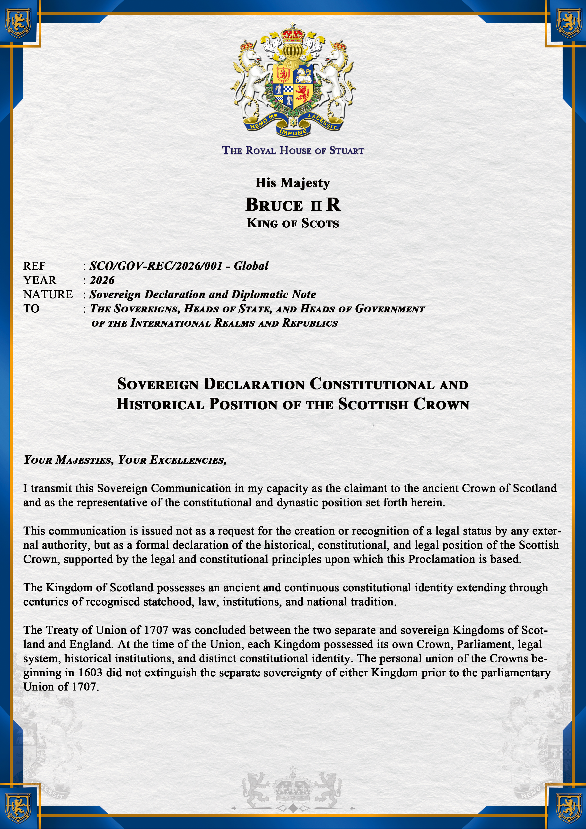 Sovereign Proclamation Page 1 - Official Diplomatic Document